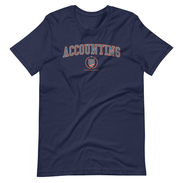 A navy blue t-shirt with the Accounting Crest on the front. The crest is blue and outlined in orange.