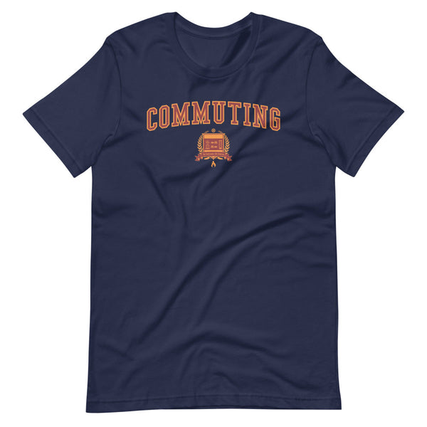 Navy blue t-shirt with the Commuting crest in orange outlined in red