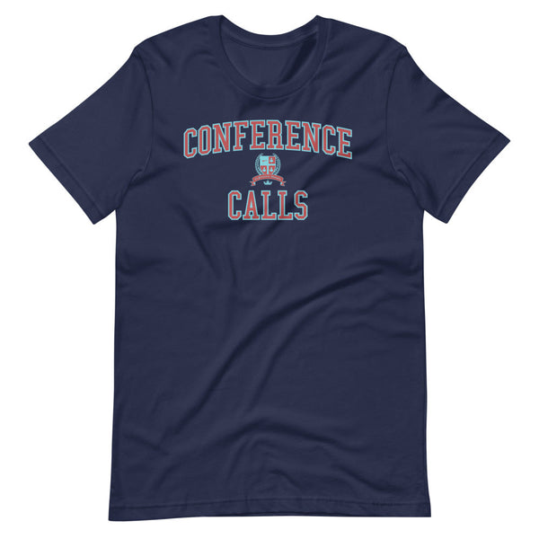 A navy blue t-shirt with the Conference Calls crest in dark red outlined in light blue