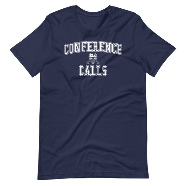 A navy blue t-shirt with the Conference Calls crest in white