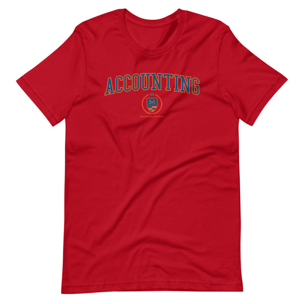 A red t-shirt with the Accounting Crest on the front. The crest is blue and outlined in orange.