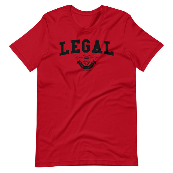 A red t-shirt with the Legal crest on it in black