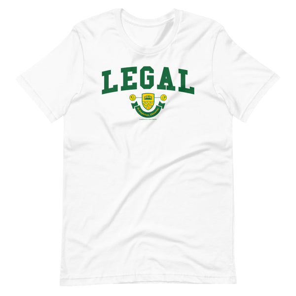 A white t-shirt with the Legal Crest on it in green with yellow accents. 