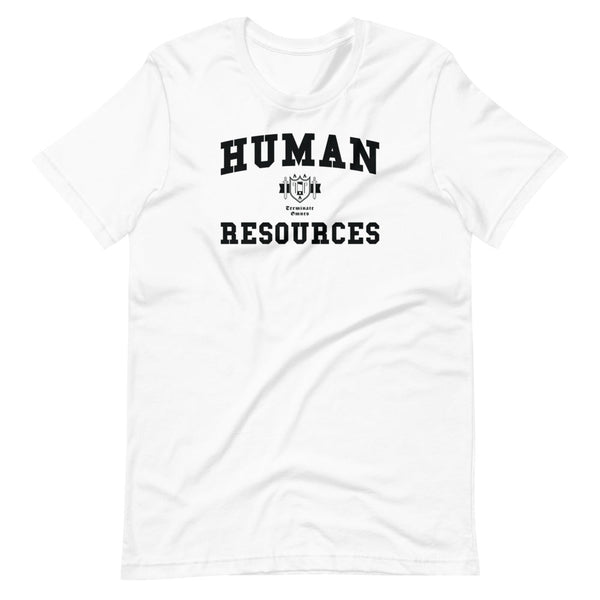 A white t-shirt with Human Resources crest in black
