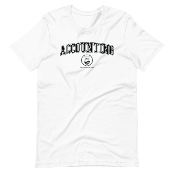 White t-shirt with the Accounting crest in black