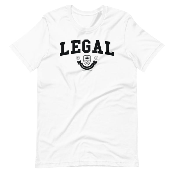 A white t-shirt with the Legal crest on it in black