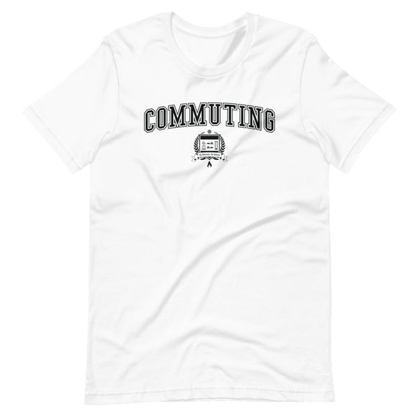 White t-shirt with the Commuting crest in black