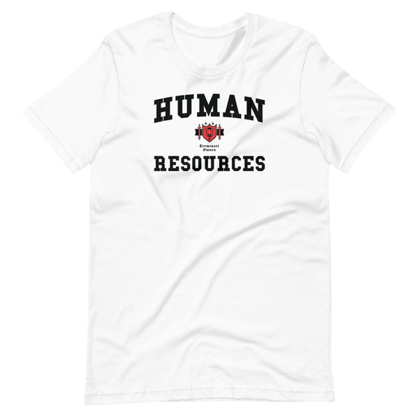 A white t-shirt with the Human Resources crest in black with red accents on the shield.