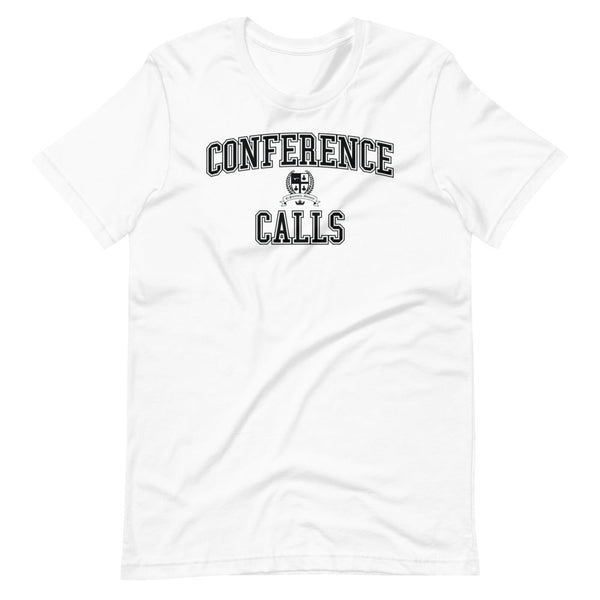 A white t-shirt with the Conference Calls crest in black