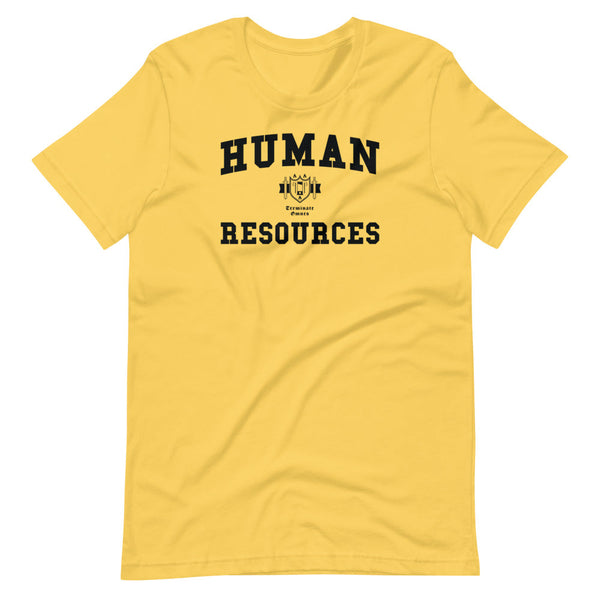 A yellow t-shirt with Human Resources crest in black