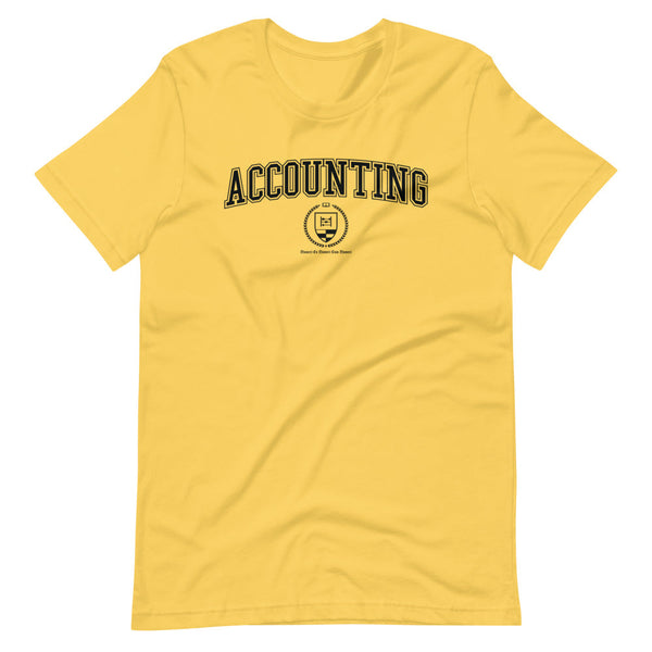Yellow t-shirt with the Accounting crest in black