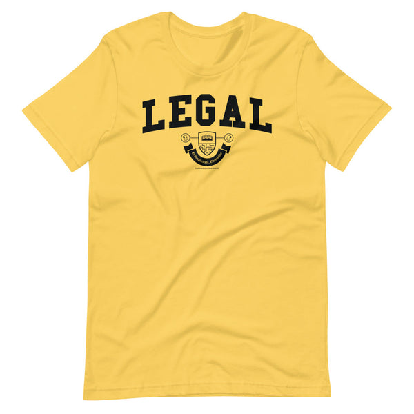 A yellow t-shirt with the Legal crest on it in black