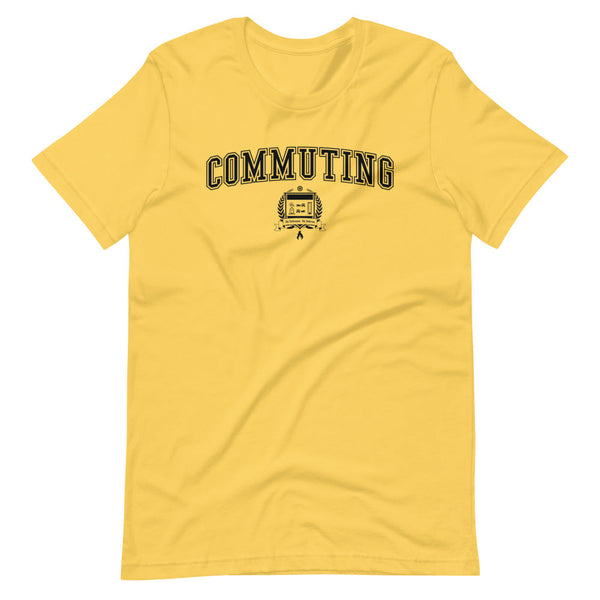 Yellow t-shirt with the Commuting crest in black