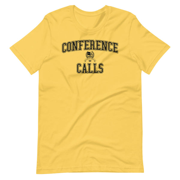 A yellow t-shirt with the Conference Calls crest in black